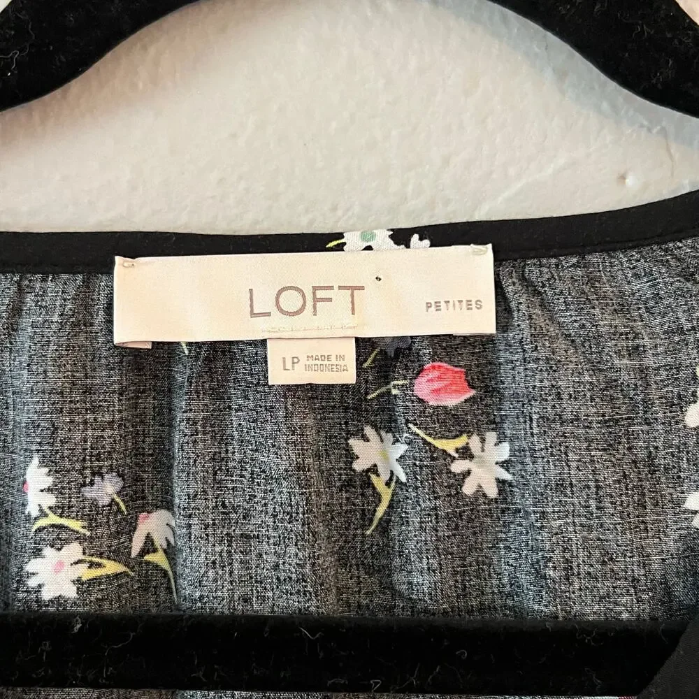 LOFT Petites Floral Side Tie Button Dress Black Long Sleeve Size Large Petite - Picture 4 of 6